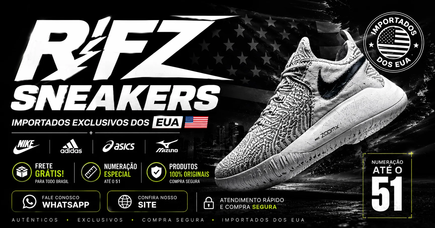 RFZSneakers, importados originais dos EUA, frete grátis e numeração até o 51